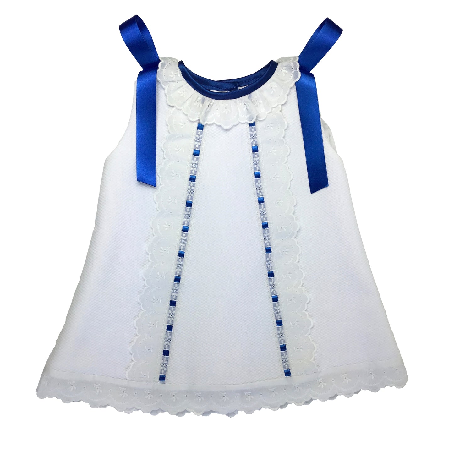 Vestidito piqué Español color blanco con listón azul