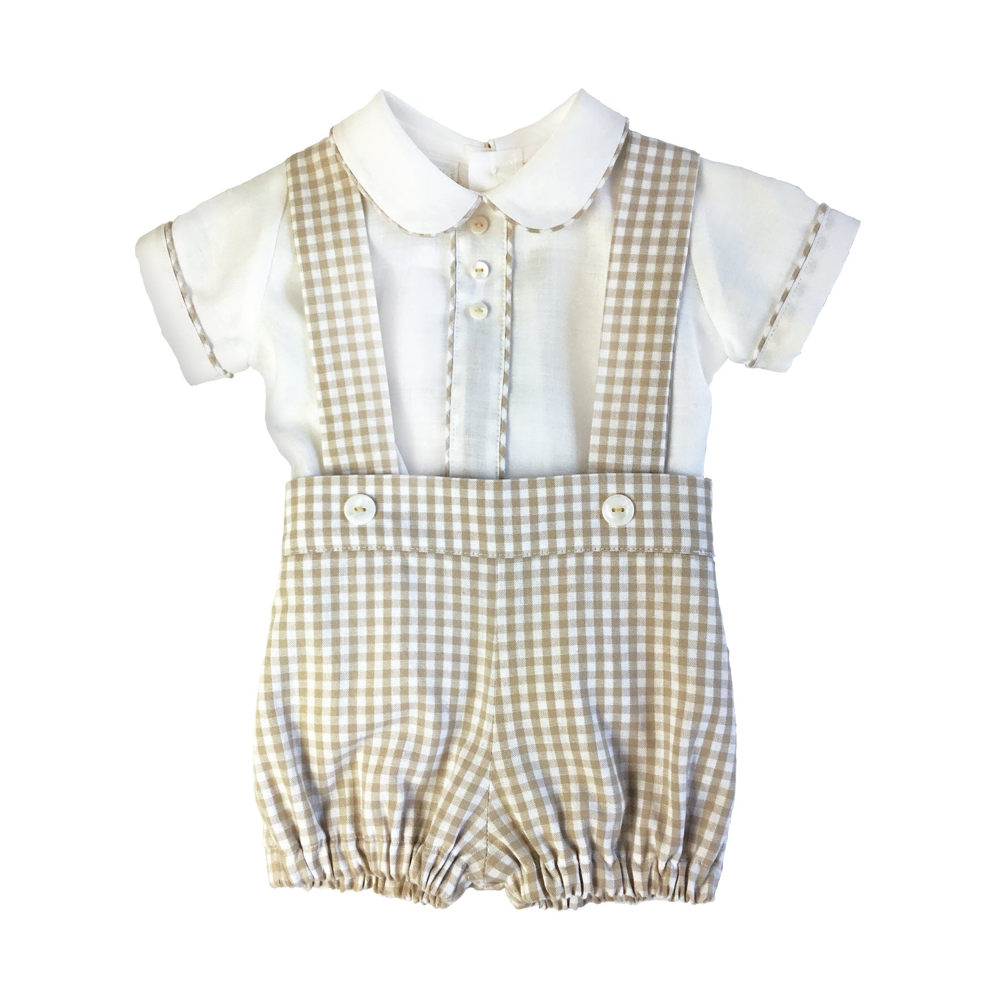 Conjunto español para niño con camisa en lino blanco con detalles vichy y bermuda a juego vichy.
