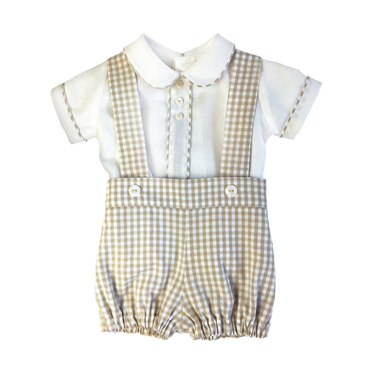Conjunto español para niño con camisa en lino blanco con detalles vichy y bermuda a juego vichy.