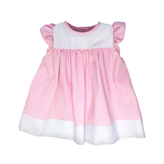 Vestido estampado puntitos con olán en manga color rosa